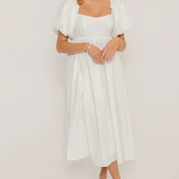 Off-White Midi Dress with Puff Sleeves - Picture 2 of 3